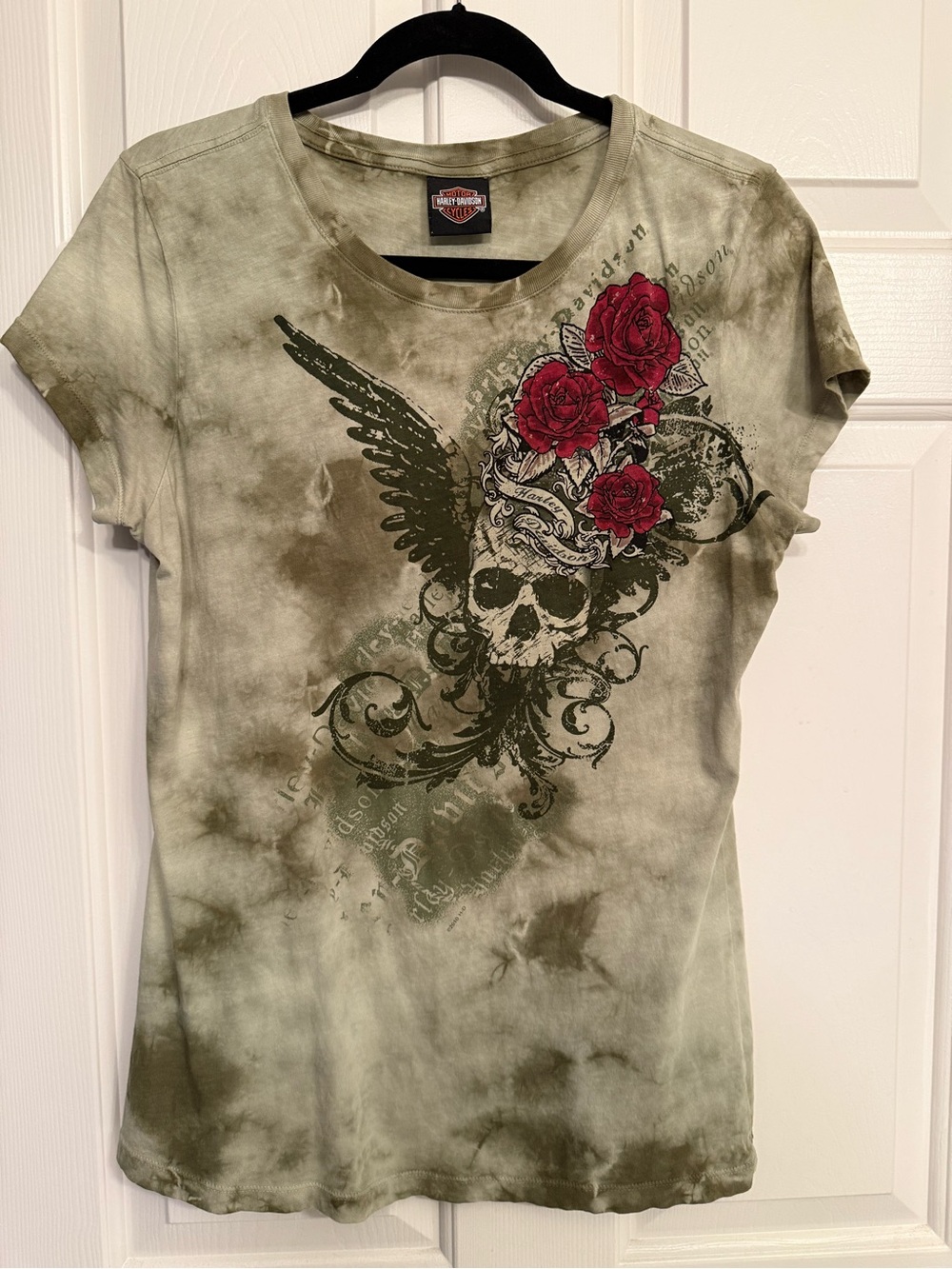 Harley-Davidson Olive Tie-Dye Skull & Red Rose Graphic Tee